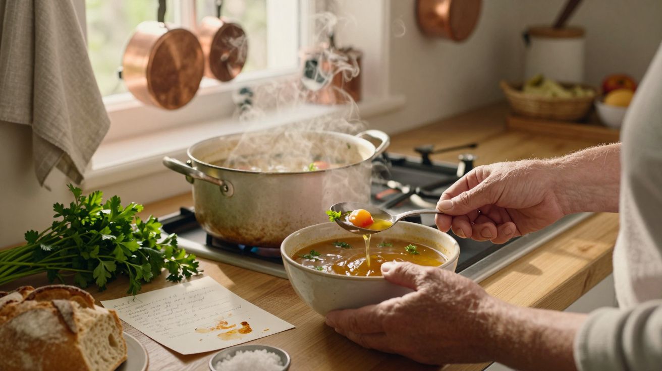 Pessoa prova sopa caseira ao lado de uma panela a ferver, com pão, salsa e receita sobre a bancada de madeira.