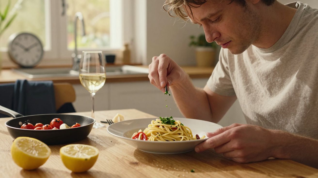 Homem sentado à mesa numa cozinha, temperando um prato de massa com ervas. Ao fundo, uma taça de vinho branco.