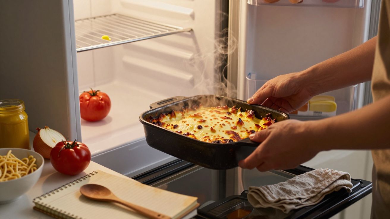 Pessoa a colocar uma lasanha a fumegar num forno aberto, com ingredientes frescos ao lado.