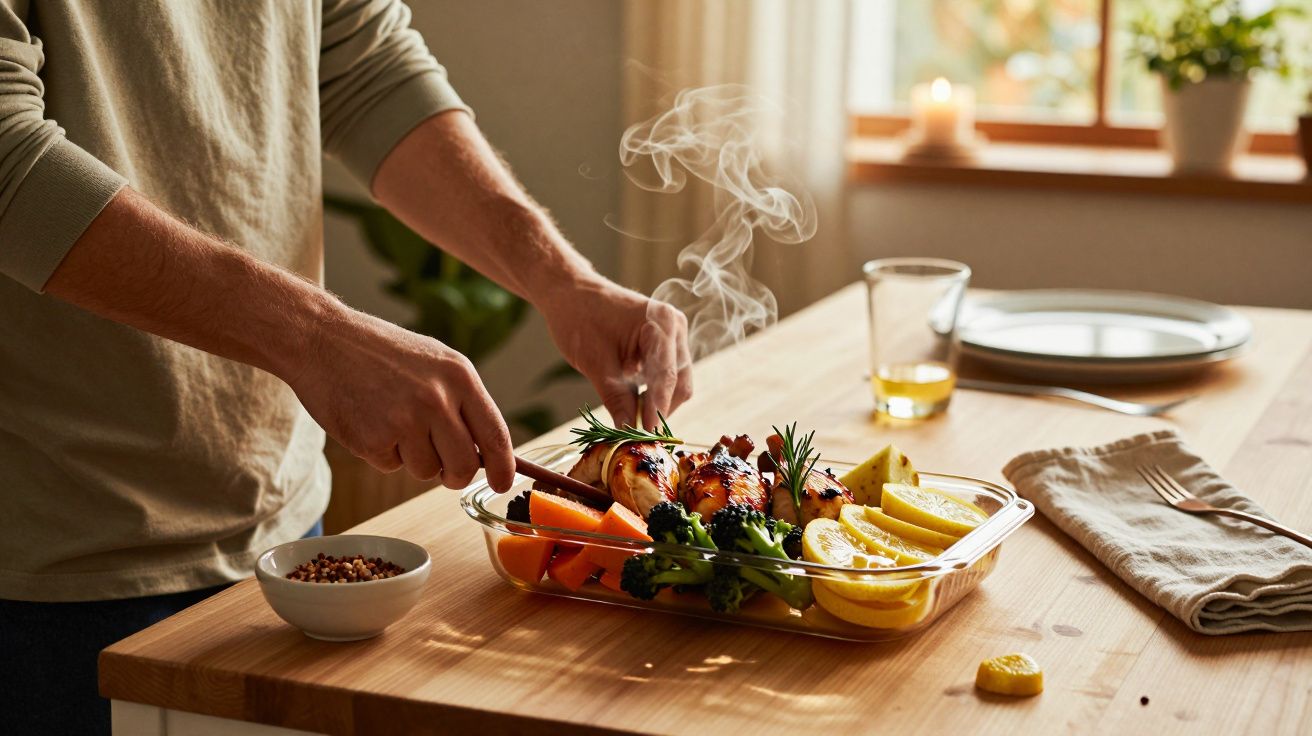 Pessoa prepara uma travessa com legumes e frango assado a sair vapor, na cozinha.