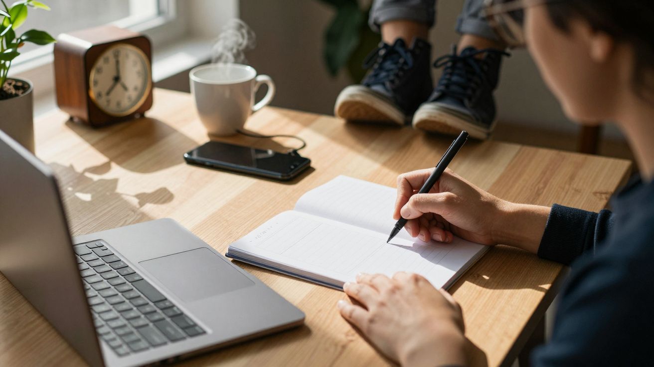 Pessoa a escrever num caderno numa mesa com portátil, telemóvel e chávena, enquanto alguém está sentado com os pés levantados