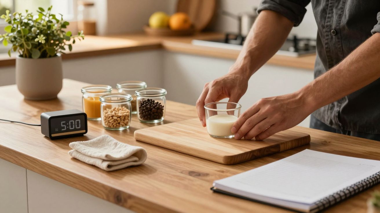 Pessoa a preparar ingredientes na cozinha com frascos de especiarias, um copo de leite, um relógio digital e um caderno.
