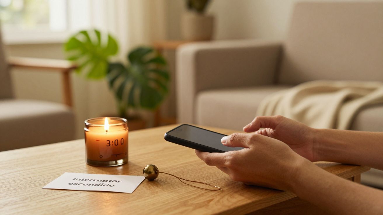 Pessoa usando telefone numa mesa com vela acesa e bilhete "interruptor escondido". Sofá e planta ao fundo.