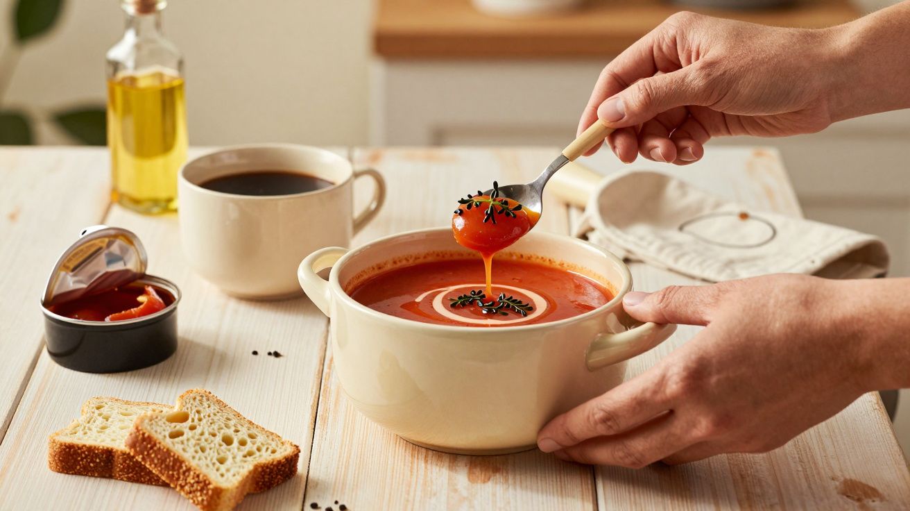 Pessoa a servir sopa de tomate num prato com pão à volta, garrafa de azeite e chávena de café.