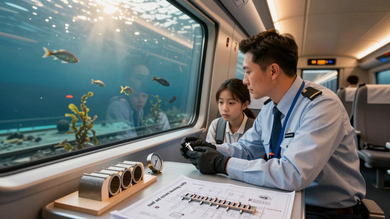 Homem e criança observam peixes através de janela de comboio submarino; mapa e instrumentos na mesa.
