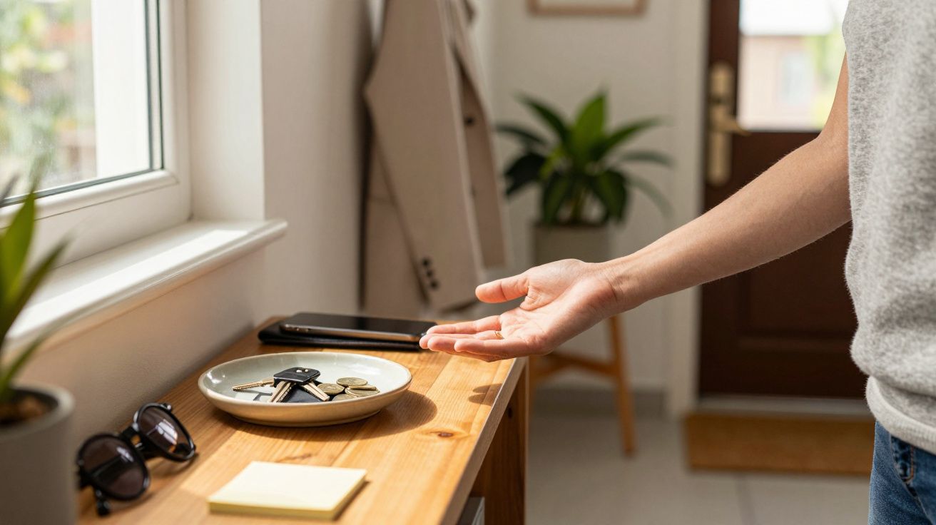 Mão alcançando chaves num prato sobre mesa de madeira, junto a óculos de sol e telemóvel, numa entrada de casa iluminada.