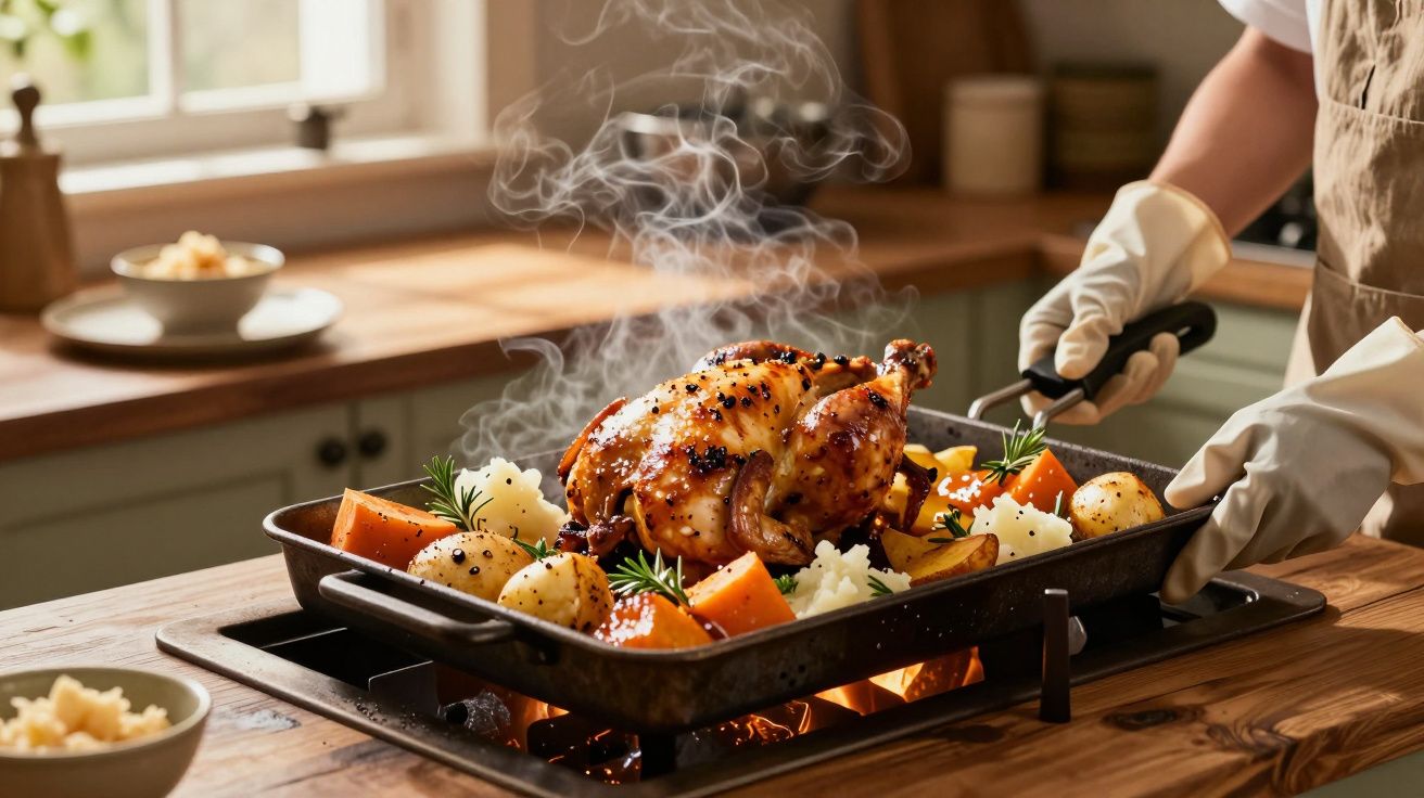 Frango assado com legumes numa assadeira no forno, numa cozinha rústica. Pessoa removendo do forno com luvas.