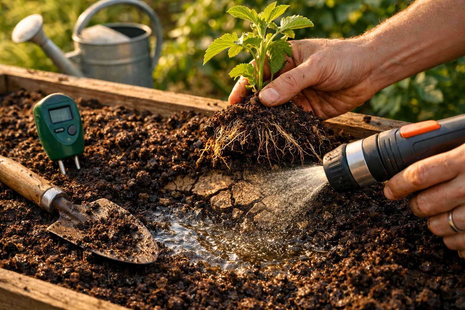 Pessoa cuidando de plantas numa horta, com regador e copo de água ao lado.