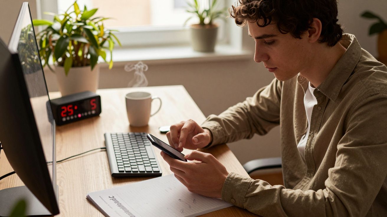 Homem sentado à secretária usa smartphone, com plantas ao fundo e um computador ao lado.