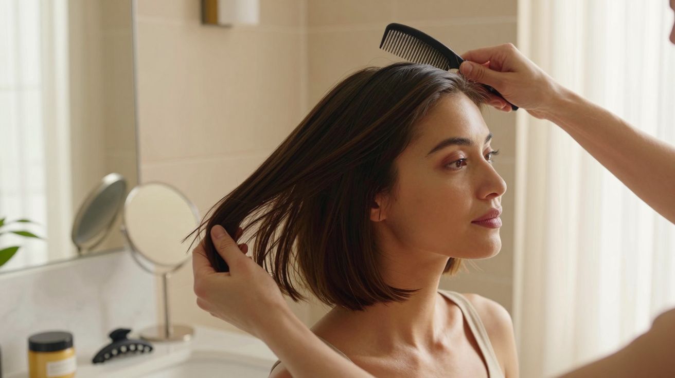 Mulher de cabelo curto a ser penteado num ambiente de casa de banho iluminado.