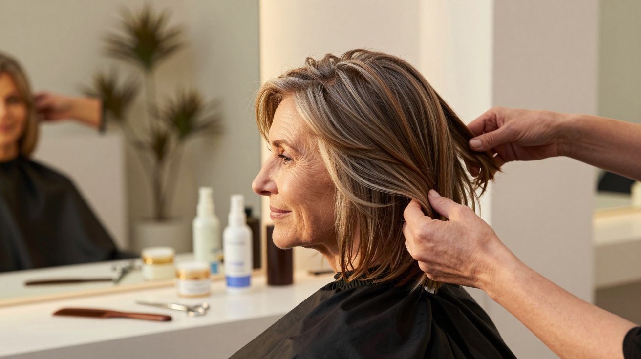 Mulher num salão de cabeleireiro recebe penteado, com produtos capilares visíveis ao fundo e planta decorativa.