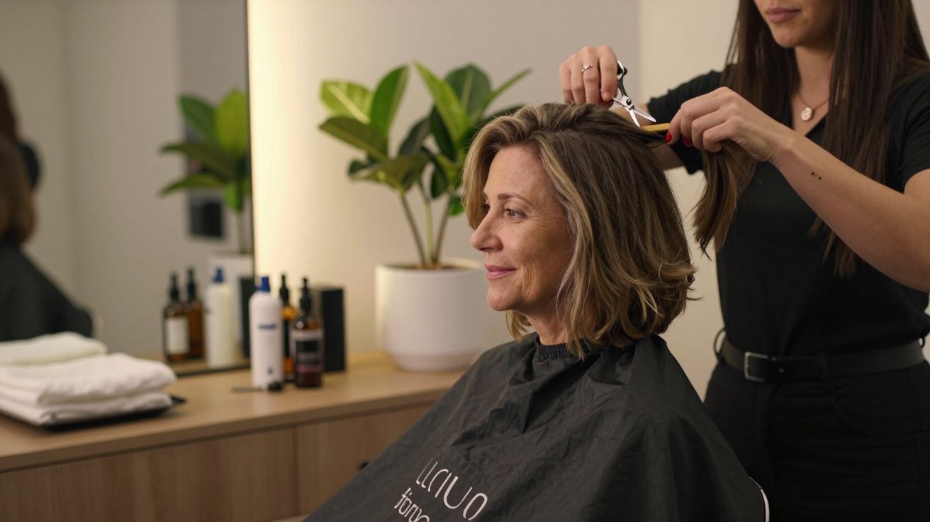 Mulher a receber corte de cabelo em salão, ao lado de plantas e produtos de beleza.