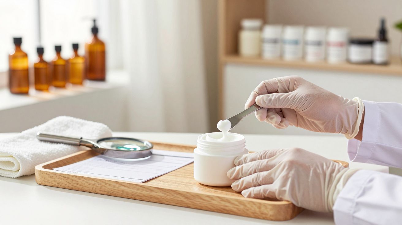 Mãos enluvadas seguram espátula com creme de frasco, em tabuleiro de madeira com lupa, frascos ao fundo.