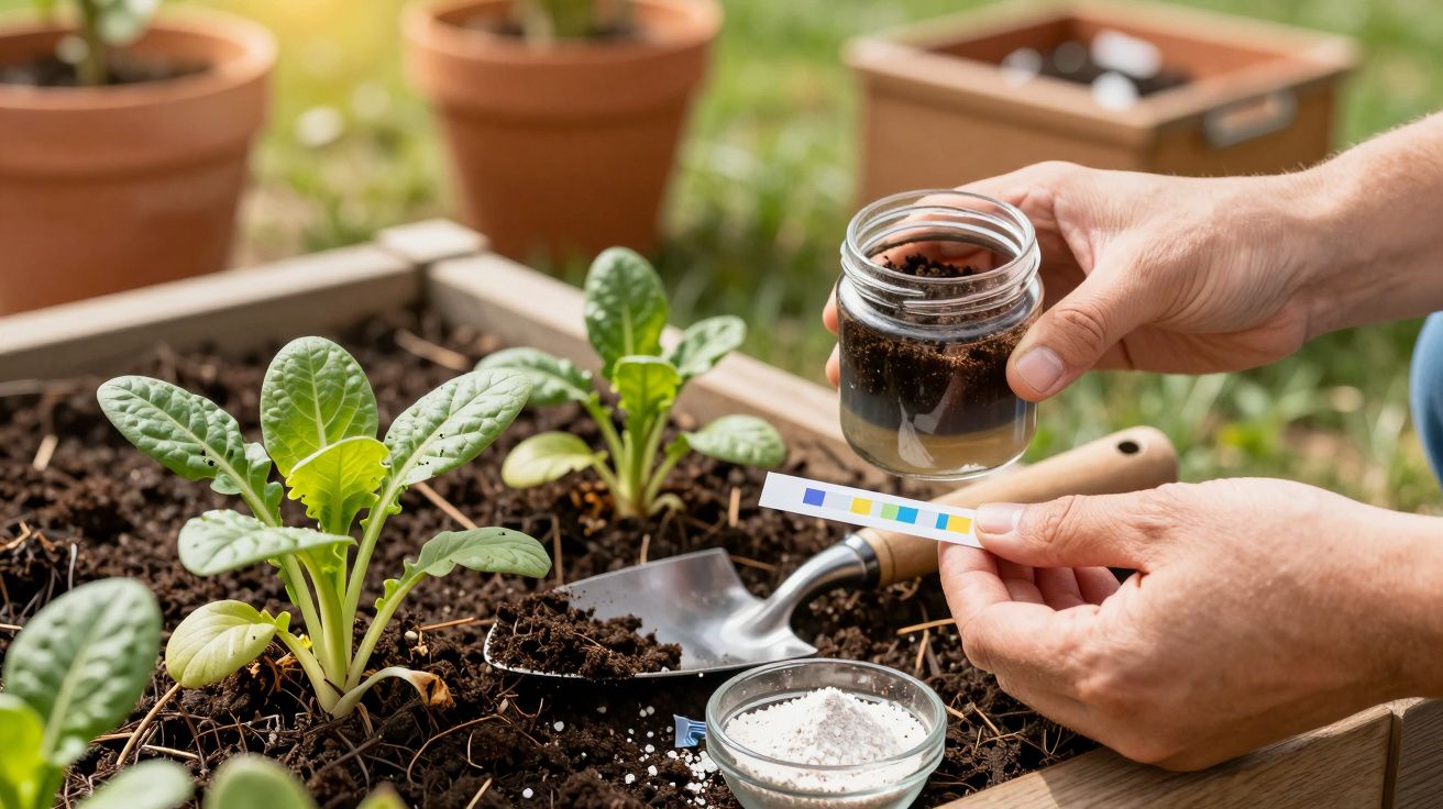 Mãos seguram frasco de terra e tira de pH junto a plantas jovens em horta, com uma pá e pote de pó branco ao lado.