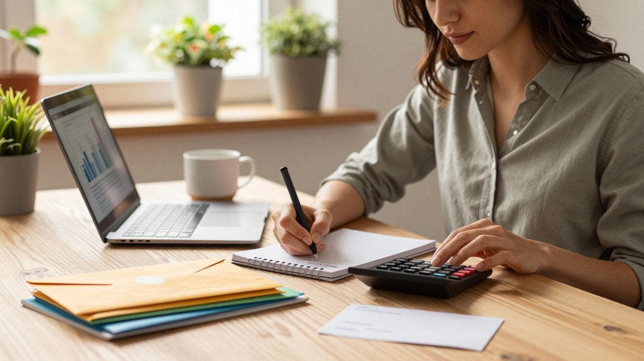 Mulher a trabalhar em casa com portátil e calculadora, rodeada de plantas, enquanto toma notas.