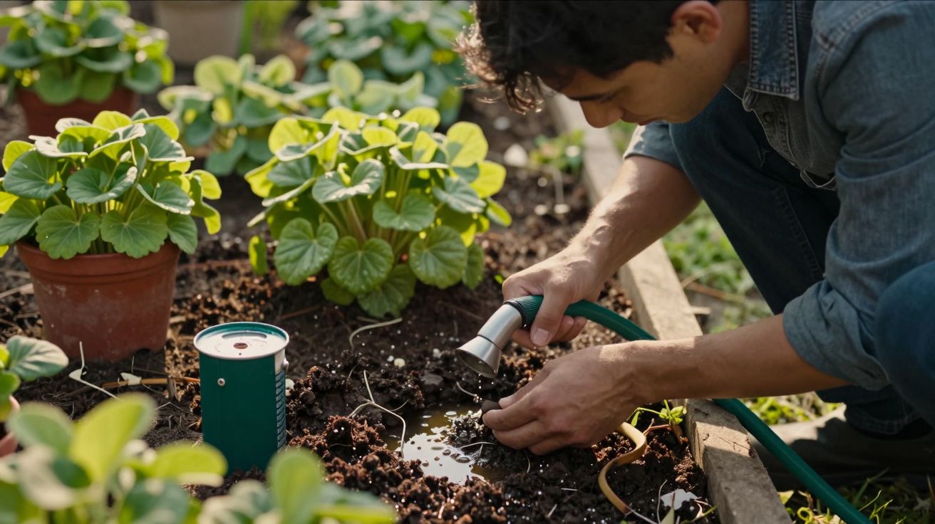 Homem rega plantas num jardim com uma mangueira, ao lado de um dispositivo verde no solo, sob luz natural.