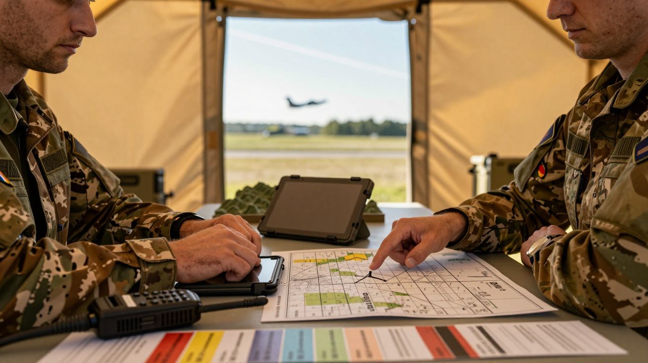 Dois soldados analisam mapas e documentos numa tenda militar, com um avião visível no céu ao fundo.