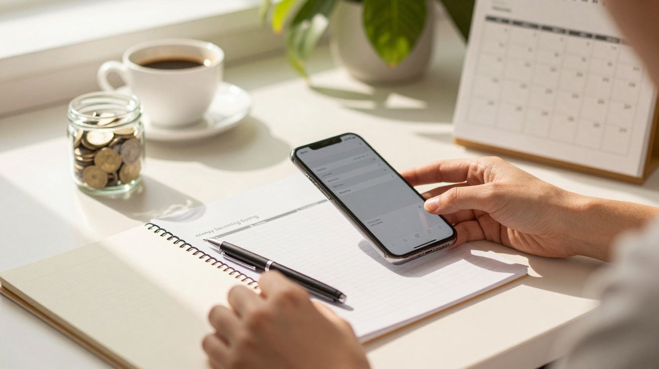 Pessoa segurando um telemóvel e a escrever num caderno sobre uma secretária com chávena de café e jarro de moedas.