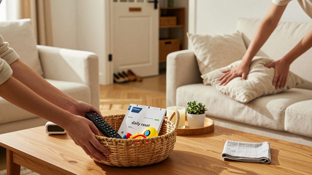 Sala moderna com sofá bege, alguém a arrumar almofadas e cesta com telecomando e suplemento em cima da mesa de madeira.