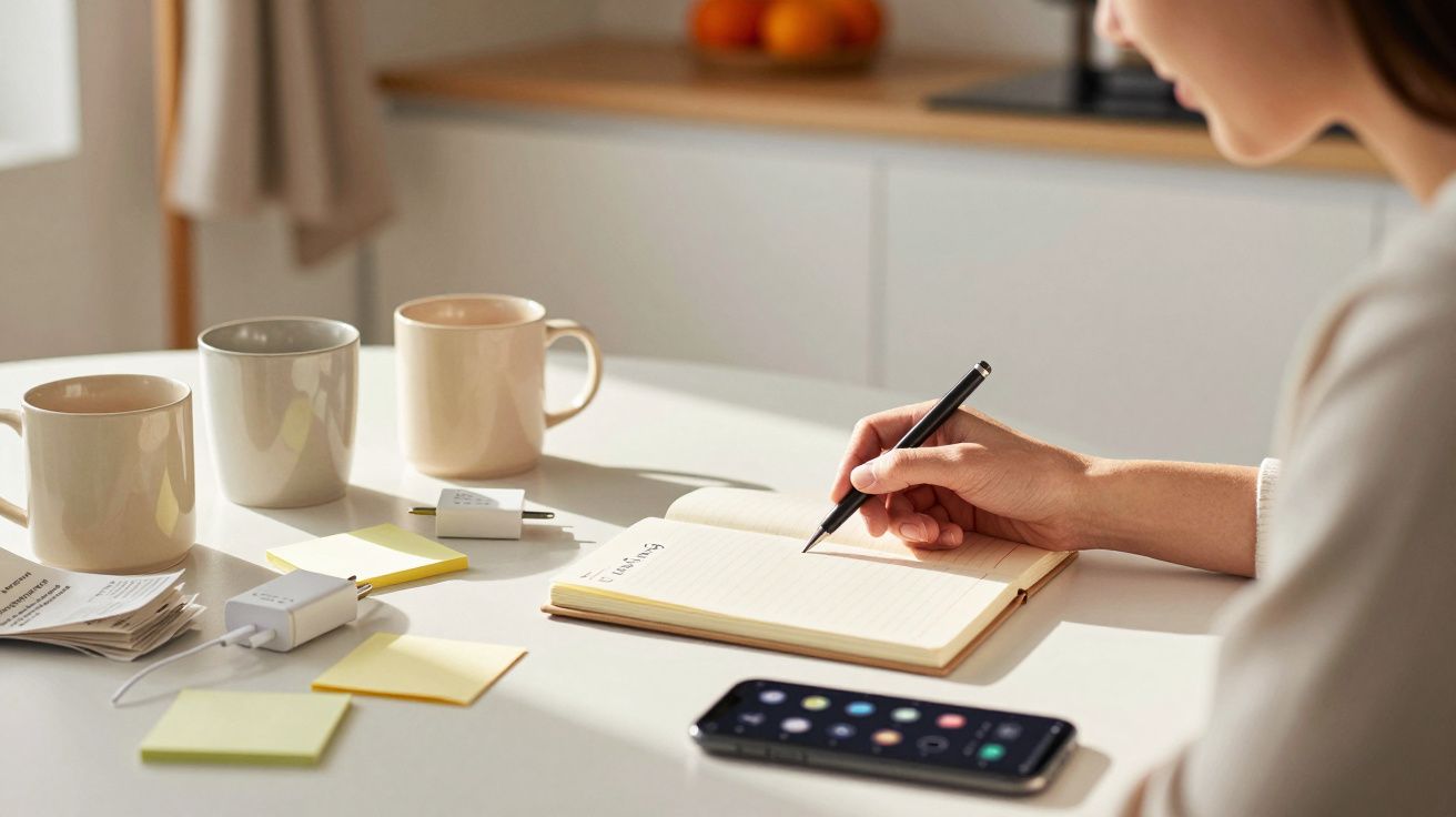 Pessoa a escrever num caderno numa mesa com chávenas, notas adesivas e um telemóvel. Fundo com taça de frutas.