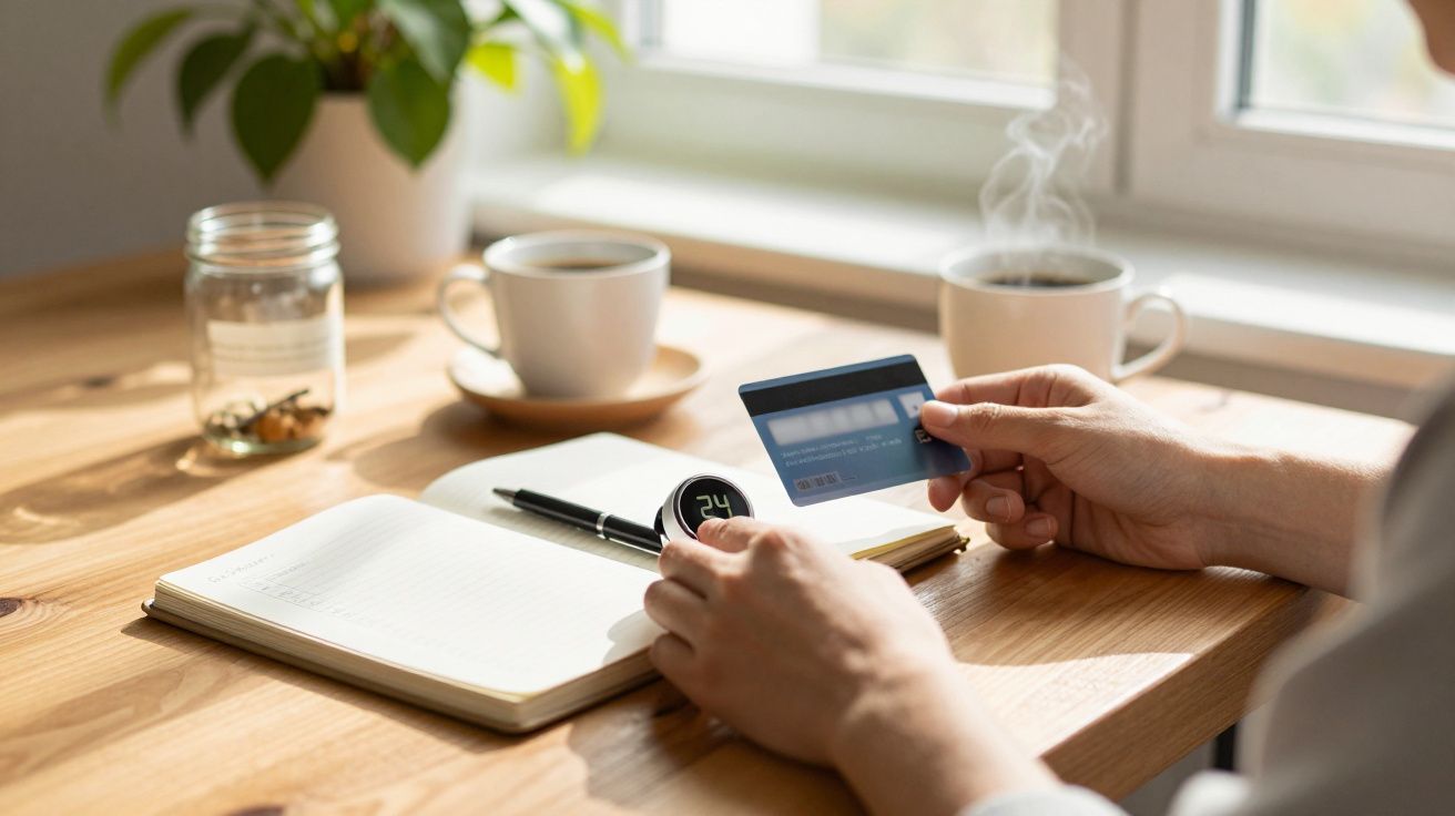 Pessoa segura cartão de crédito em mesa com caderno, caneta e duas chávenas de café ao lado de uma janela.
