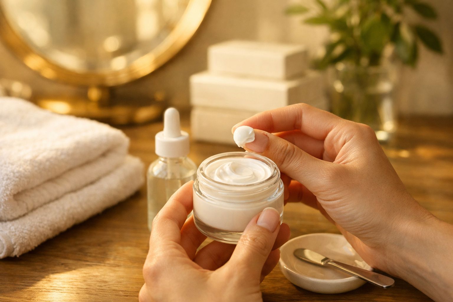 Pessoa aplicando creme hidratante com uma espátula, num frasco branco, em cima de uma bancada de casa de banho.