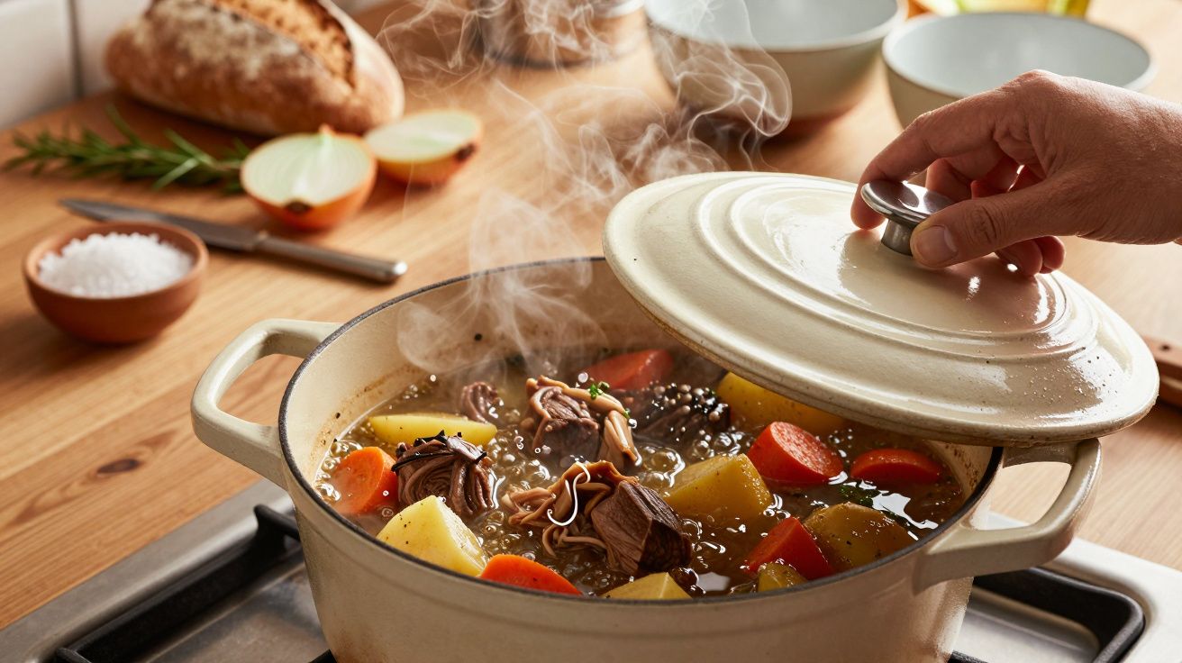 Mão destapa panela com guisado de carne e legumes a ferver, numa cozinha acolhedora.
