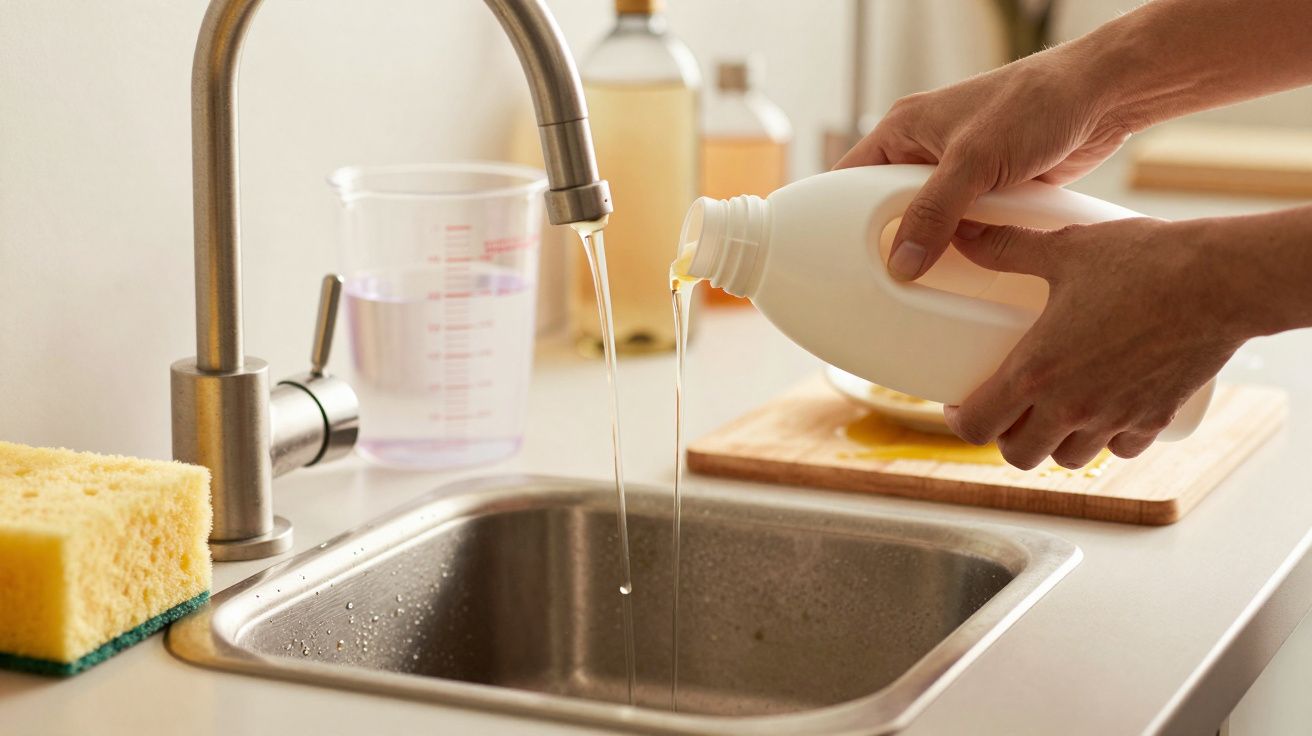 Pessoa a despejar detergente na banca da cozinha com água a correr da torneira. Esponja amarela e copo medidor ao lado.