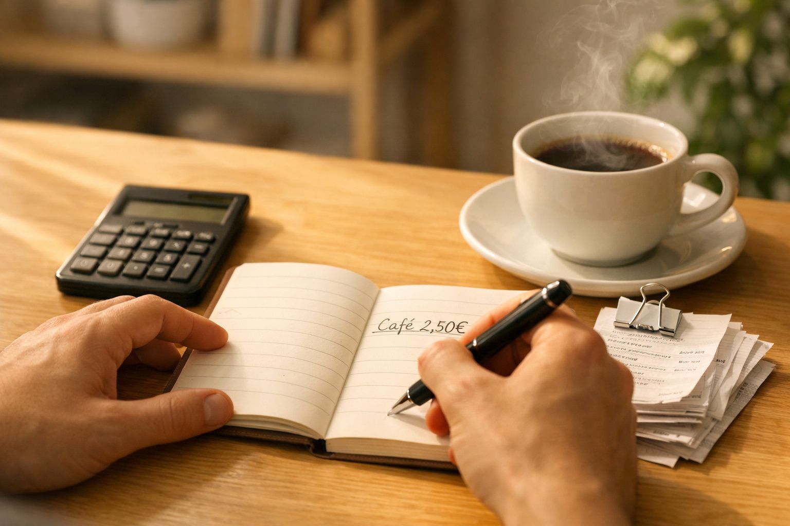 Pessoa escrevendo num caderno em mesa com envelope, telemóvel, café e tigela de laranjas.