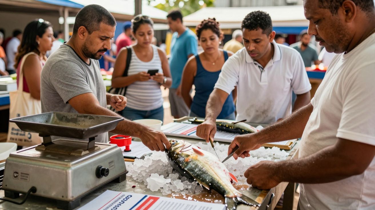 Homens preparam peixe sobre gelo num mercado ao ar livre, com pessoas em segundo plano observando.