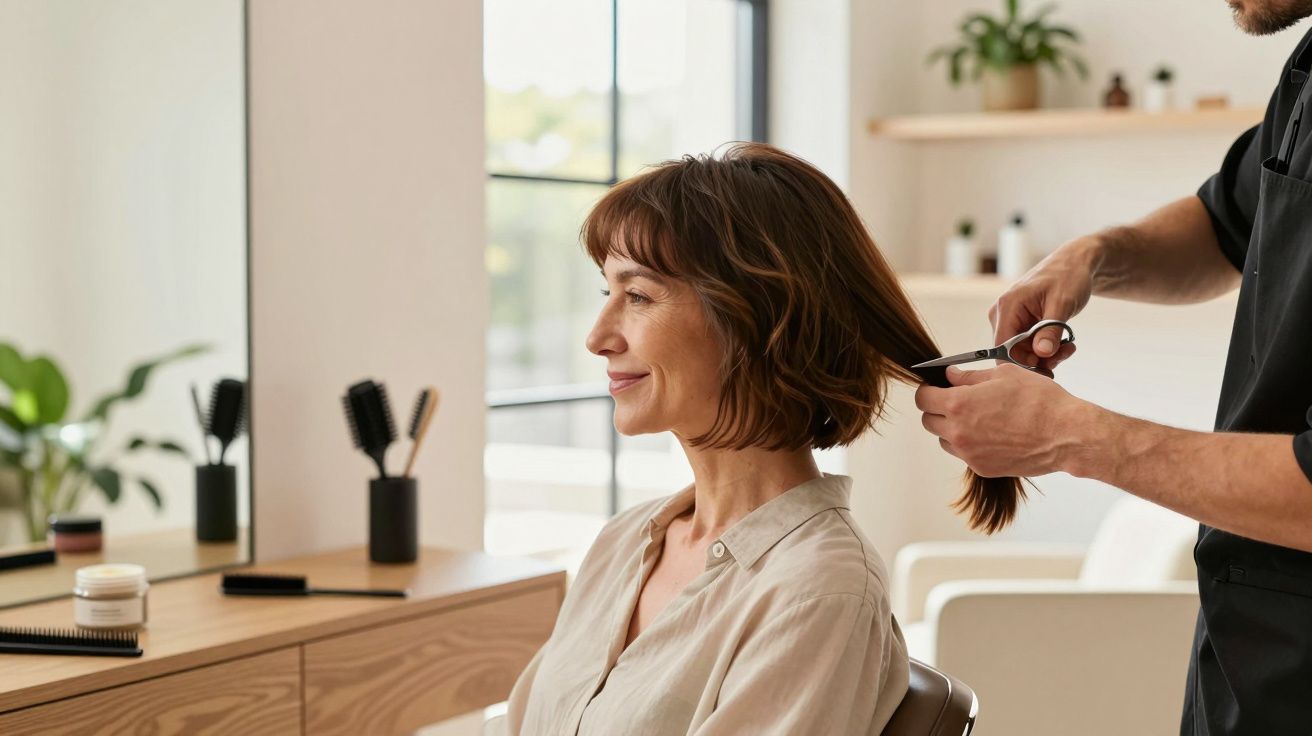 Mulher a sorrir enquanto cabeleireiro corta o cabelo num salão moderno e iluminado.
