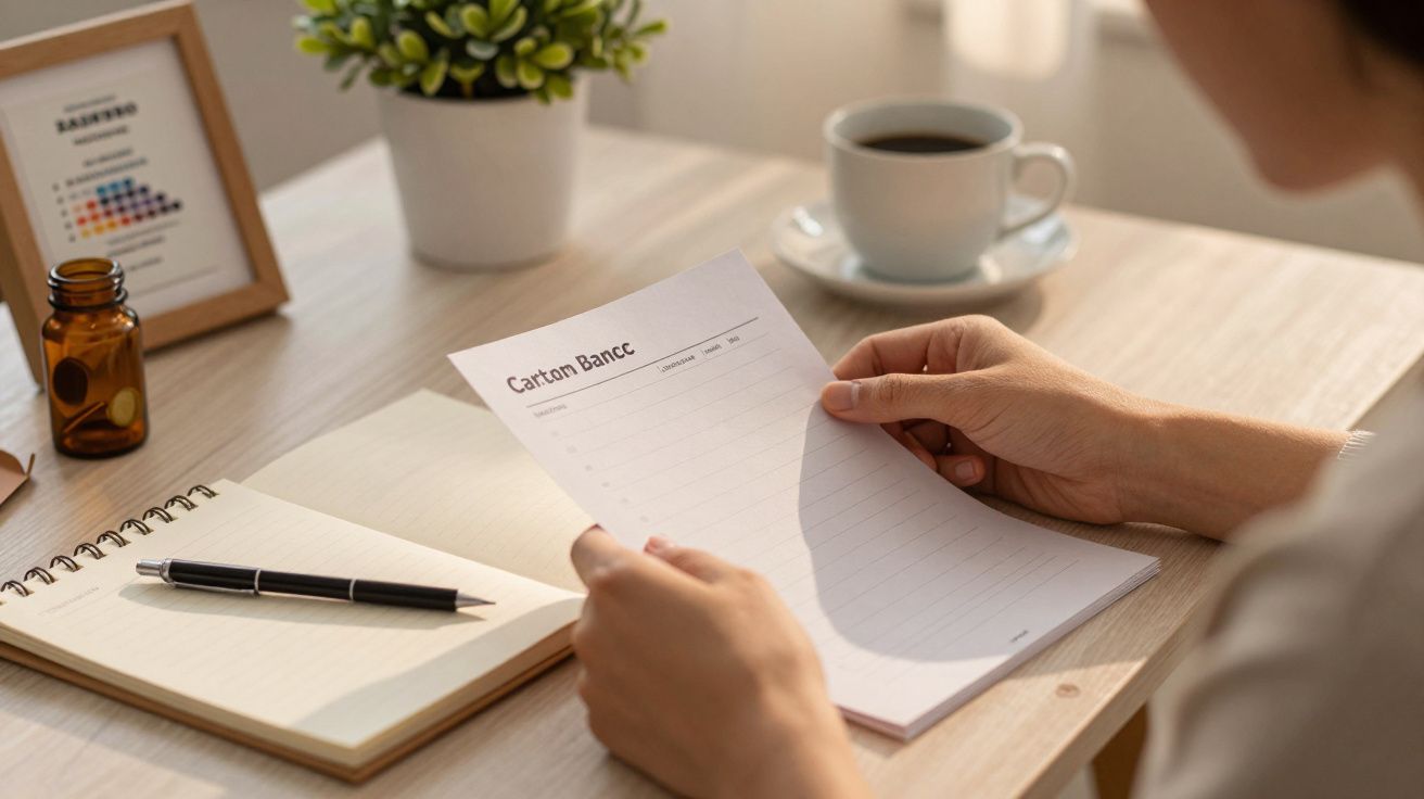 Pessoa segurando lista de tarefas, com bloco de notas e caneta na mesa. Chávena de café ao fundo.