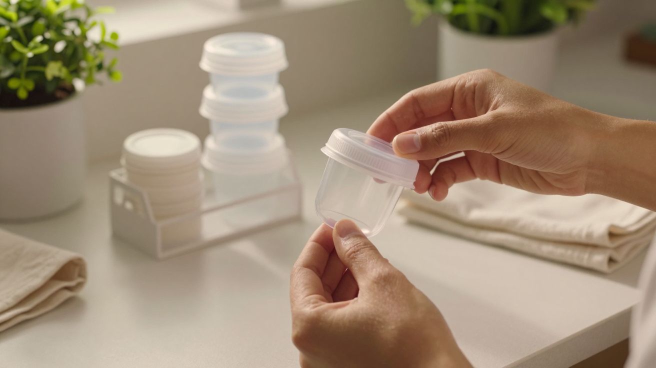 Mãos seguram um pequeno recipiente de plástico transparente com tampa, sobre mesa branca com plantas ao fundo.