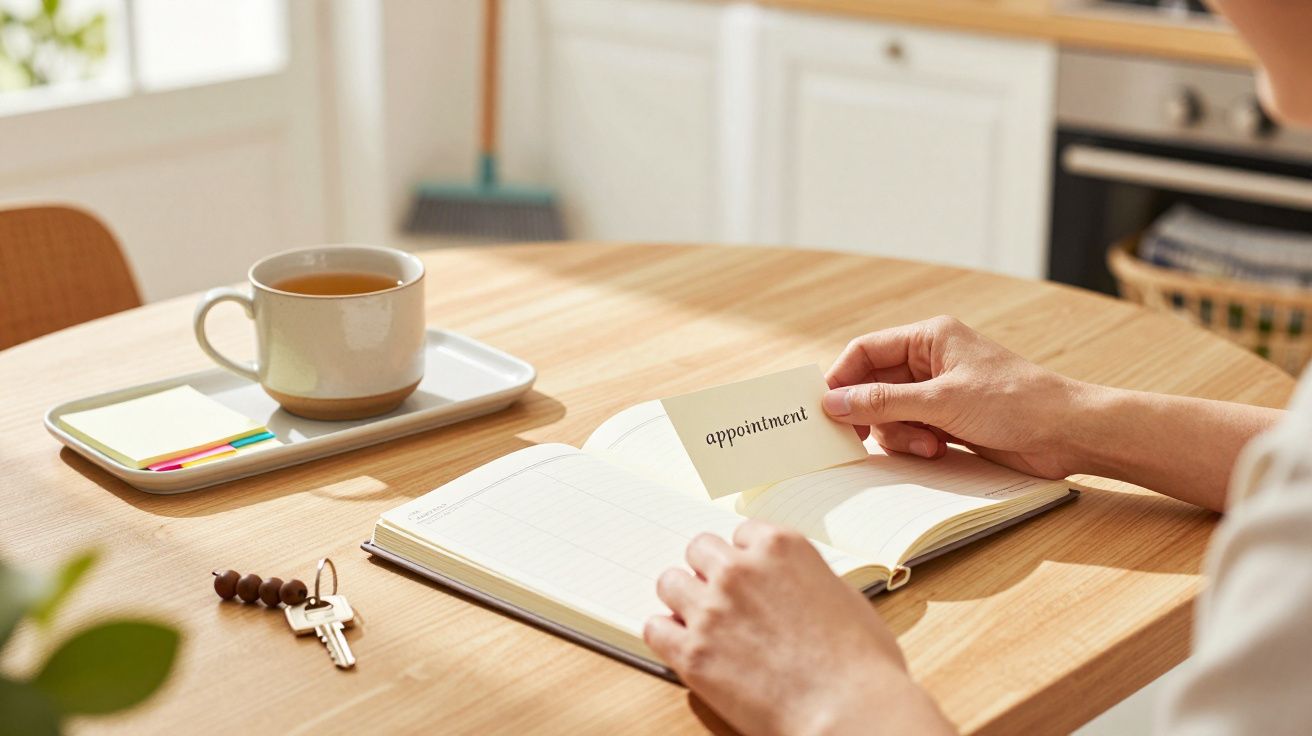 Pessoa revendo agenda com cartão "appointment", chá e chaves sobre a mesa.