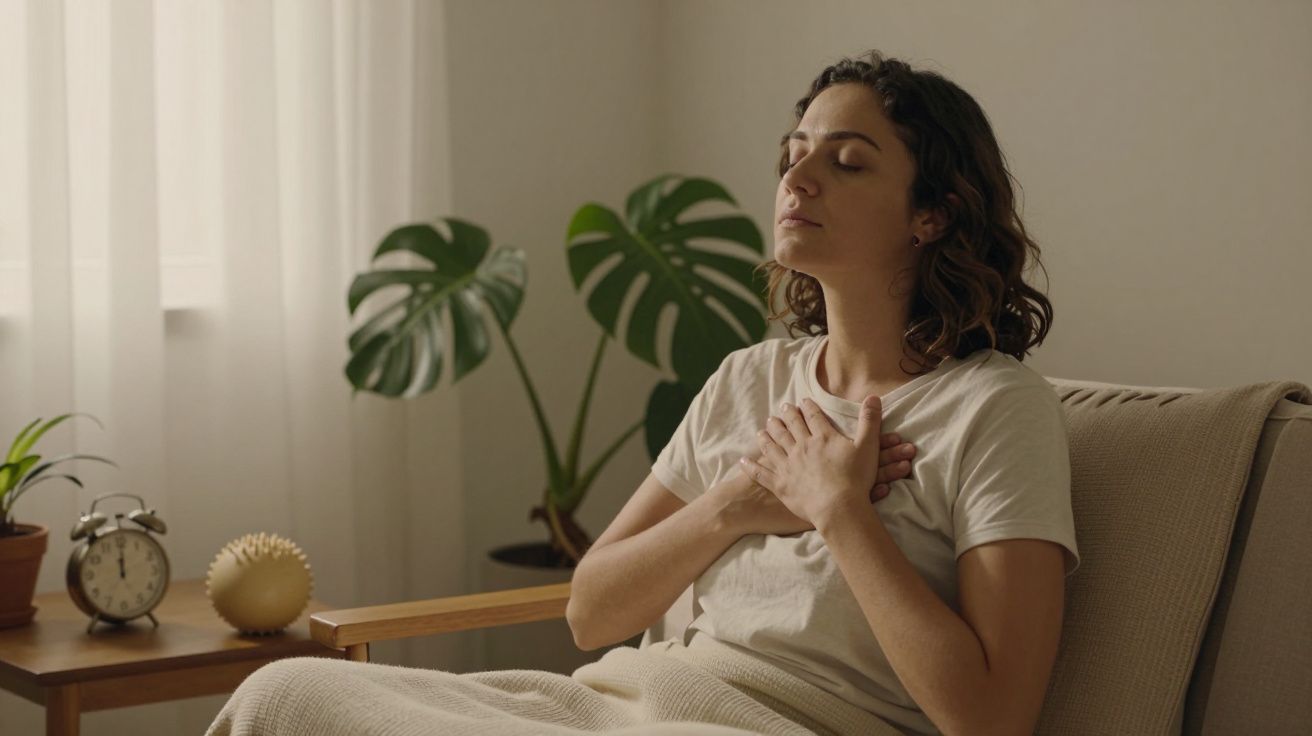 Mulher sentada numa poltrona, olhos fechados, mãos no peito, ambiente acolhedor com plantas.