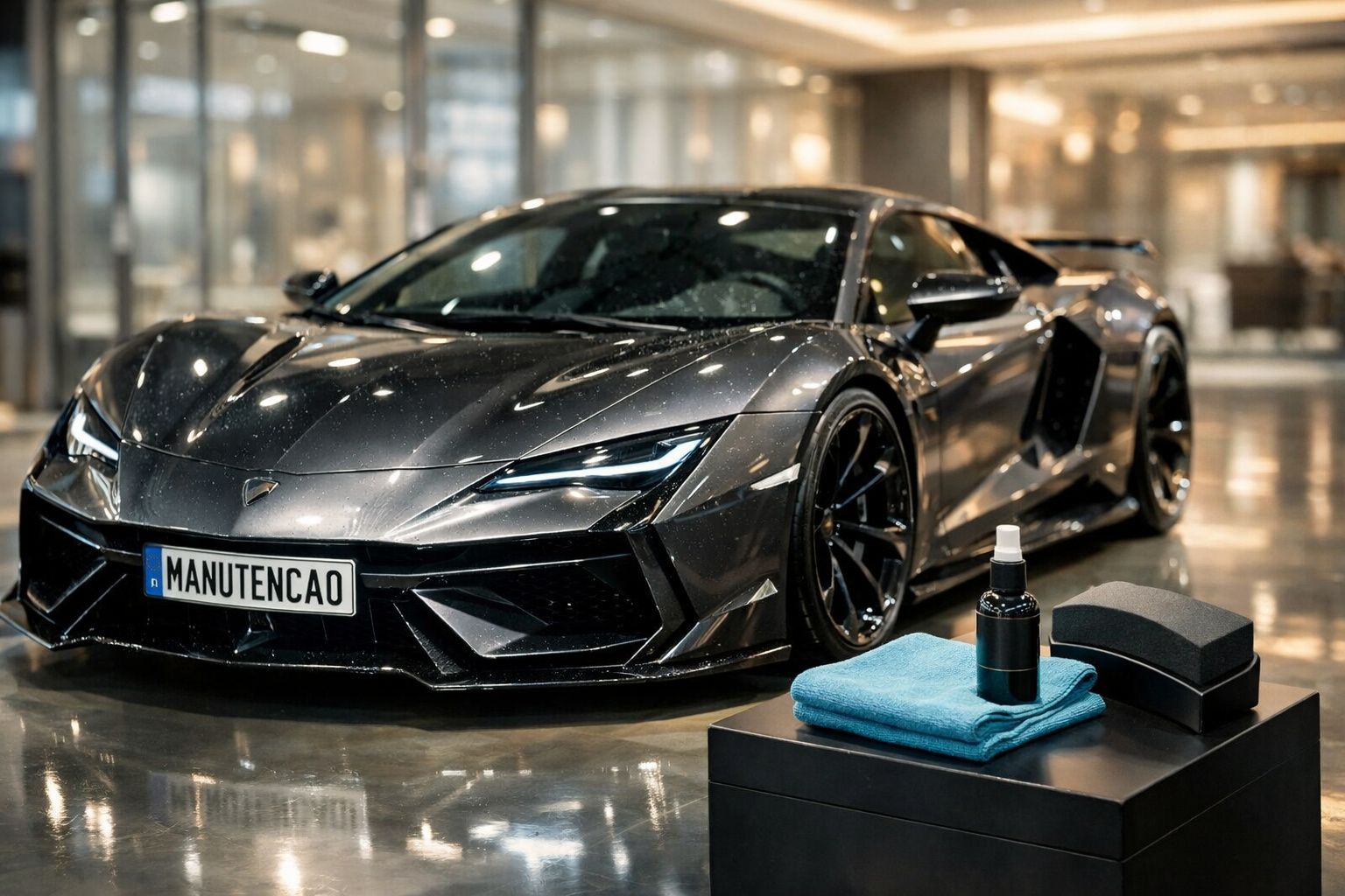 Homem limpa carro prateado em exposição de automóveis, com ferramentas numa mesa ao lado.