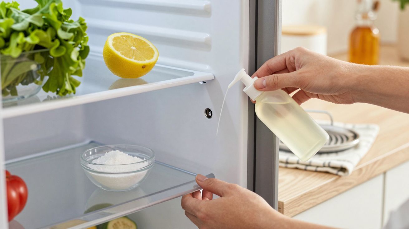 Mãos colocando garrafa de spray num frigorífico com limão, sal e vegetais em prateleiras.