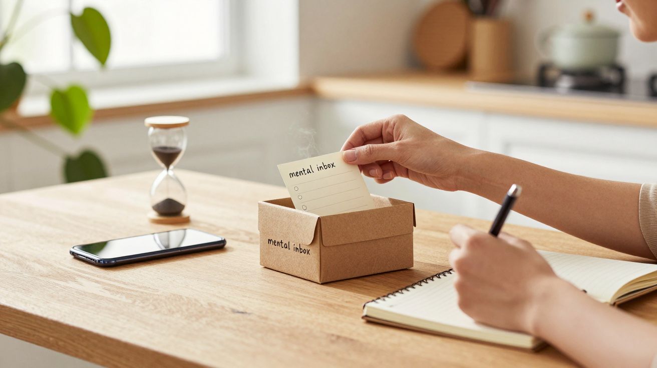 Pessoa retira cartão de caixa "mental inbox", com caderno, ampulheta e telemóvel sobre a mesa numa cozinha.