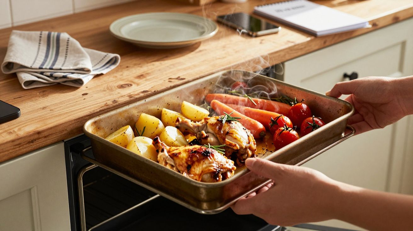 Pessoa tira travessa de frango assado com batatas, cenouras e tomates do forno, bancada de madeira ao fundo.