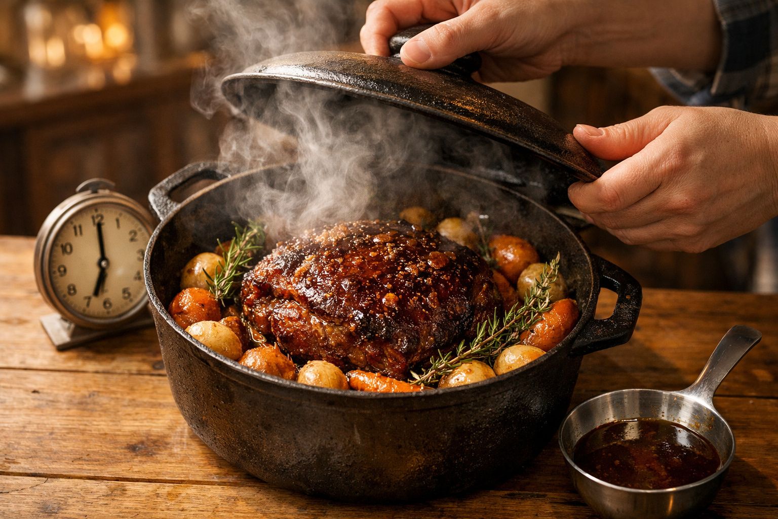 Leitão assado numa travessa com cenouras, decorado com cravinhos e alecrim, numa cozinha iluminada.