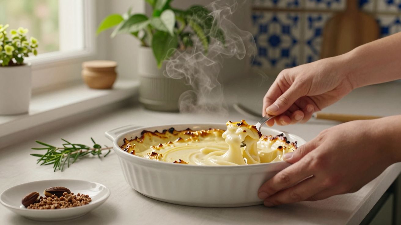Mãos servem um gratinado de puré de batata cremoso numa travessa branca numa cozinha iluminada.