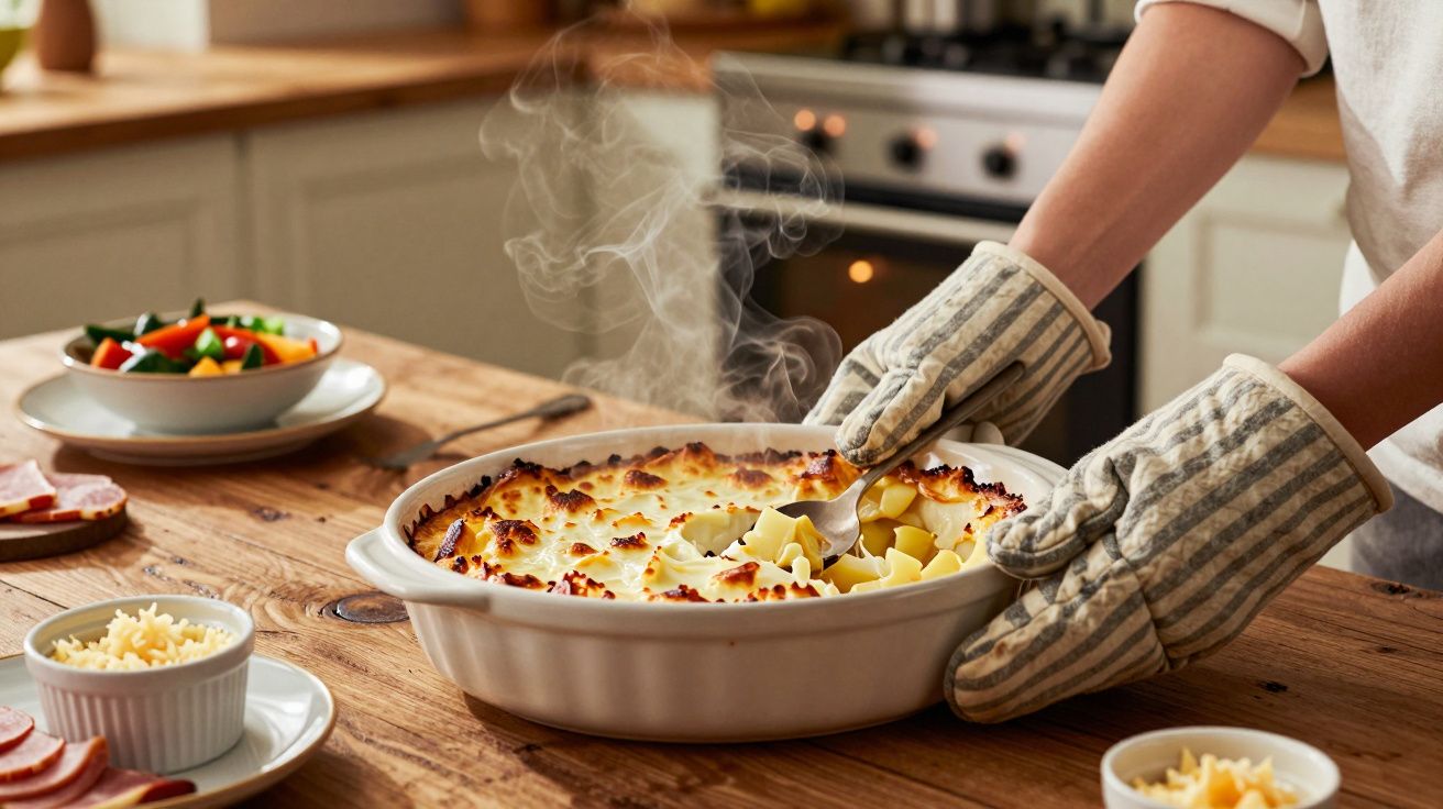 Pessoa tirando lasanha fumegante do forno em cozinha, usando luvas de forno; salada e queijo ao lado na mesa.