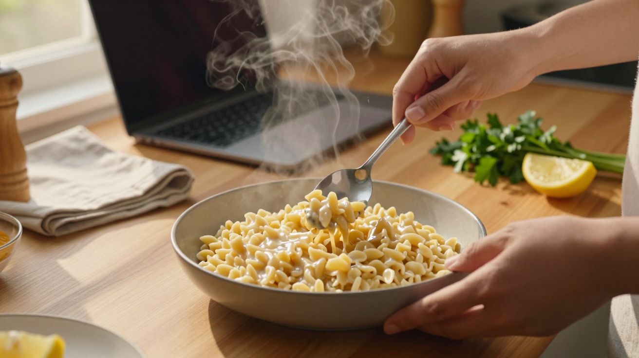 Pessoa servindo massa quente a fumegar com colher numa cozinha; ao fundo há um computador portátil.