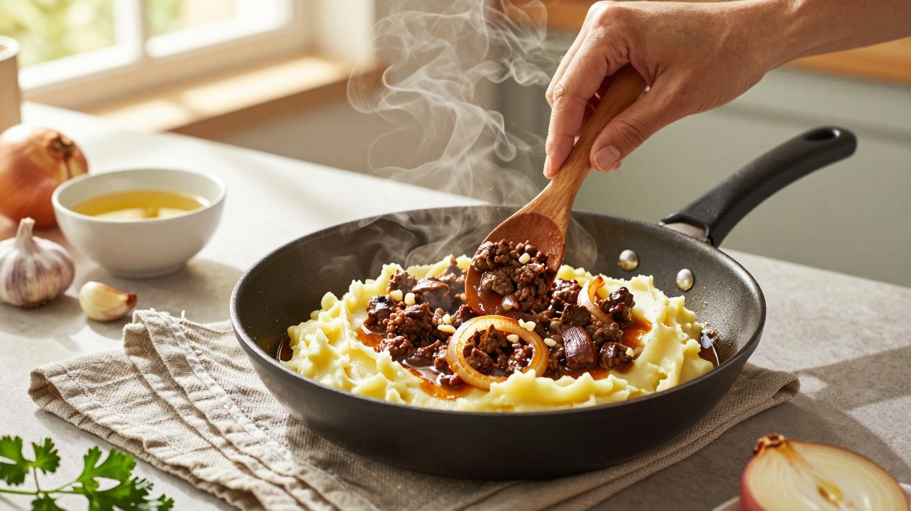 Mão adiciona carne com cebolas a puré de batata numa frigideira.