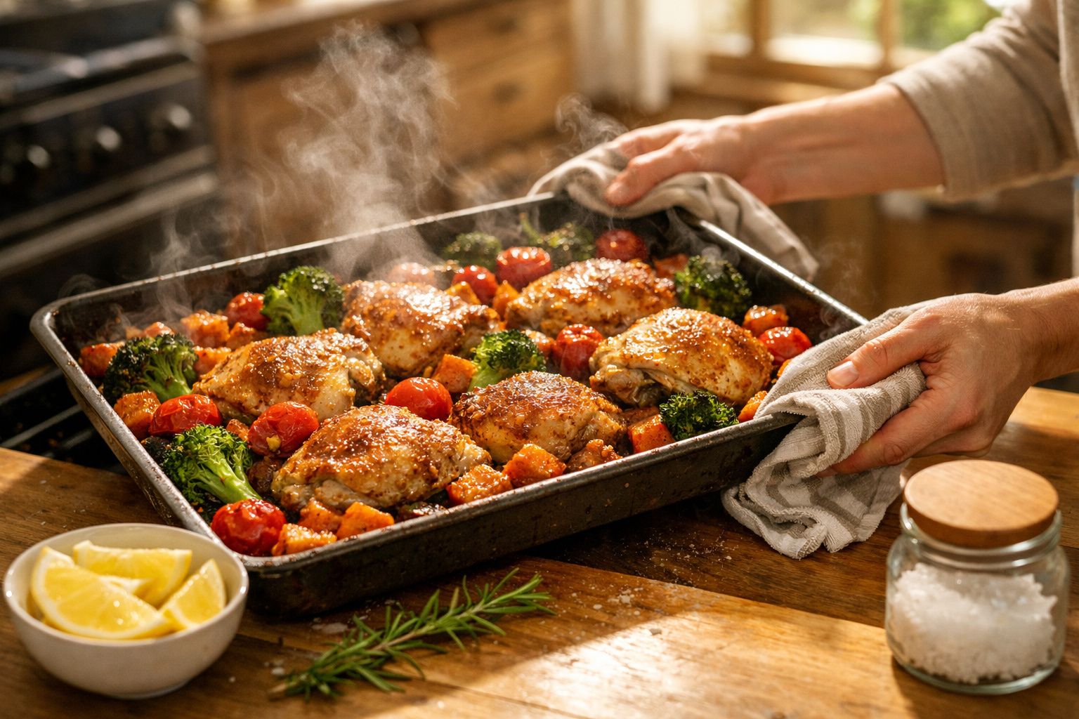 Mãos retiram tabuleiro com frango assado e vegetais do forno, com um livro de receitas aberto ao fundo.