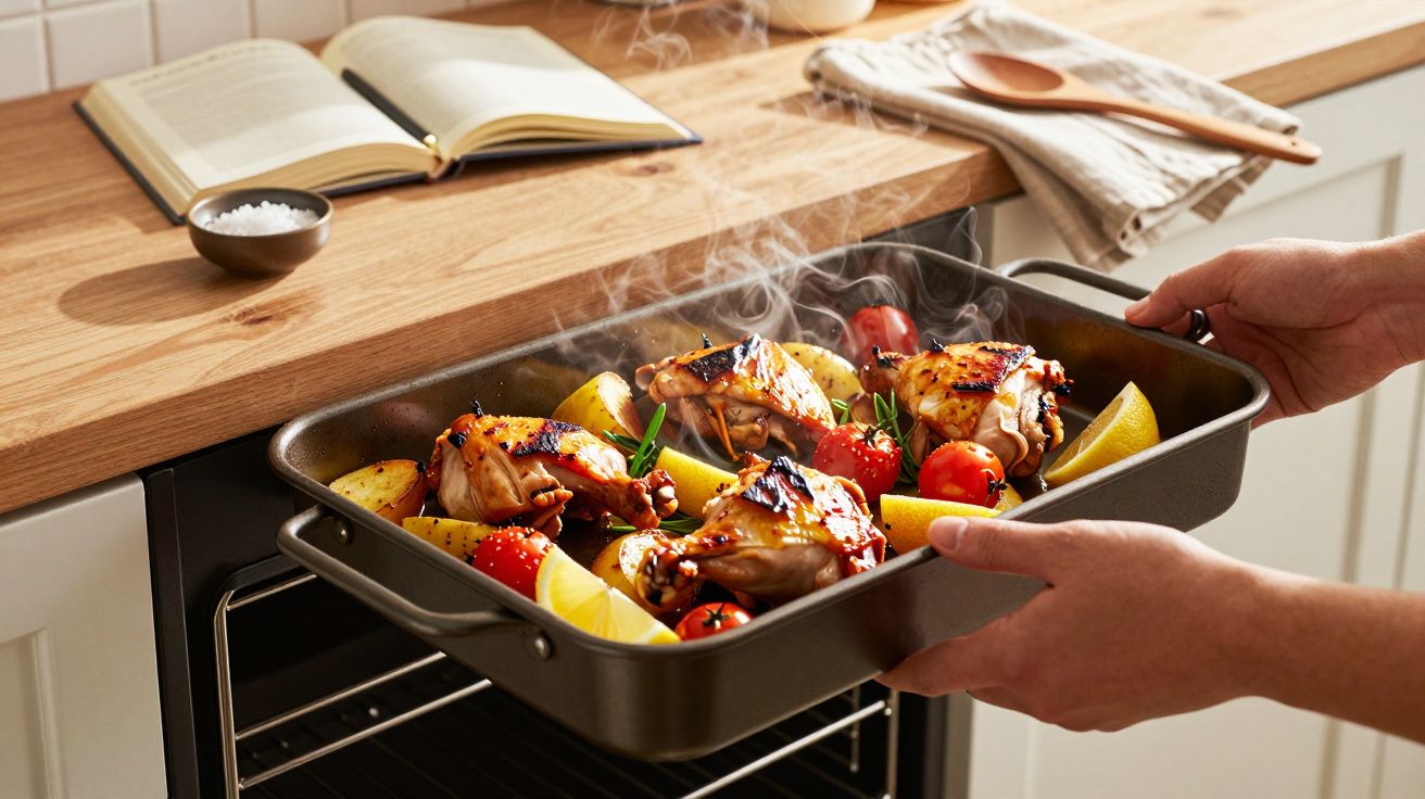 Pessoa retira tabuleiro com frango assado e legumes do forno. Monta sobre bancada com livro aberto ao lado.