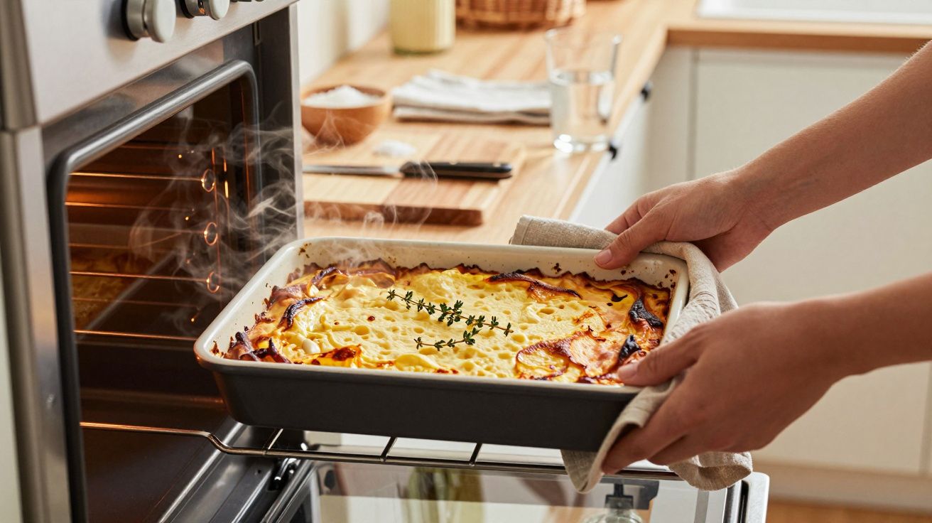 Pessoa retira um tabuleiro de lasanha fumegante do forno, decorado com ramos de tomilho.