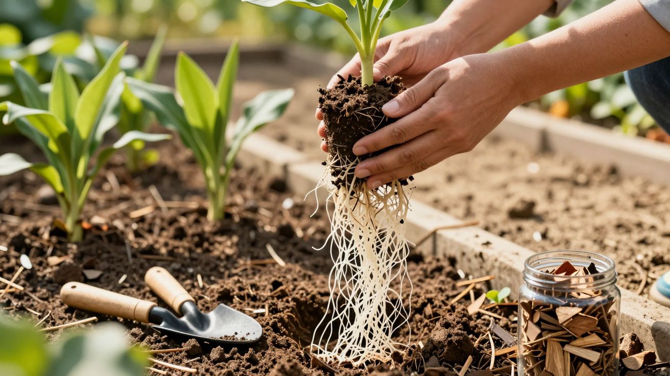 Pessoas plantando mudas em solo fértil, com pá e jarro de madeira ao lado no jardim.