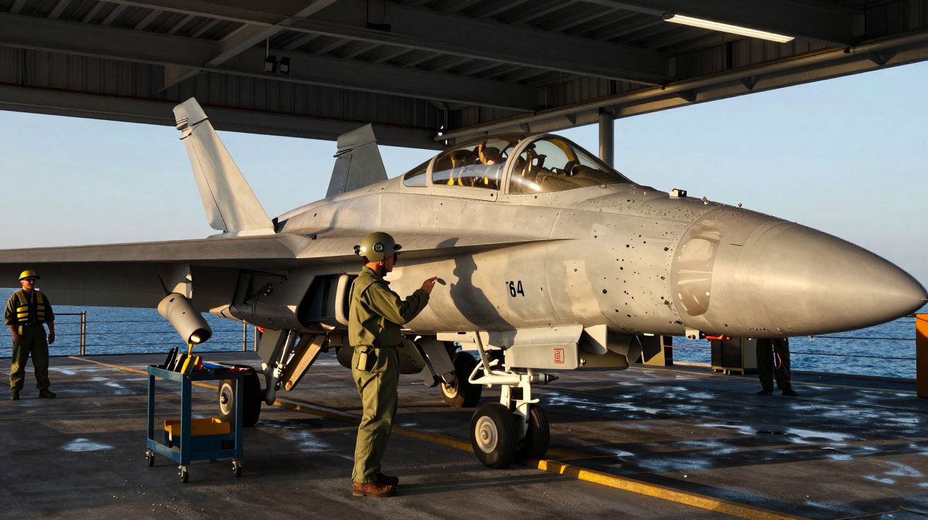 Avião de caça num porta-aviões com militares à volta, o céu azul e o mar visíveis ao fundo.