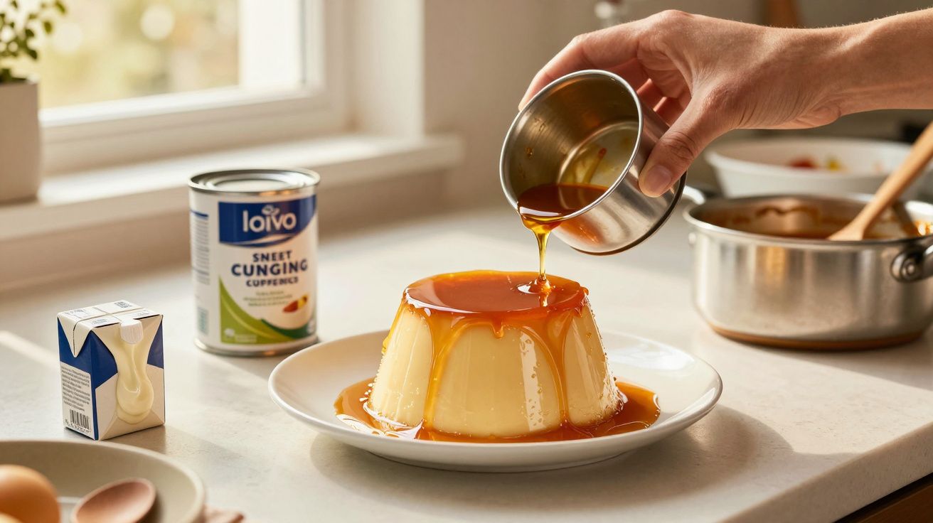 Mão a verter caramelo sobre pudim num prato branco, numa cozinha com ingredientes ao fundo.